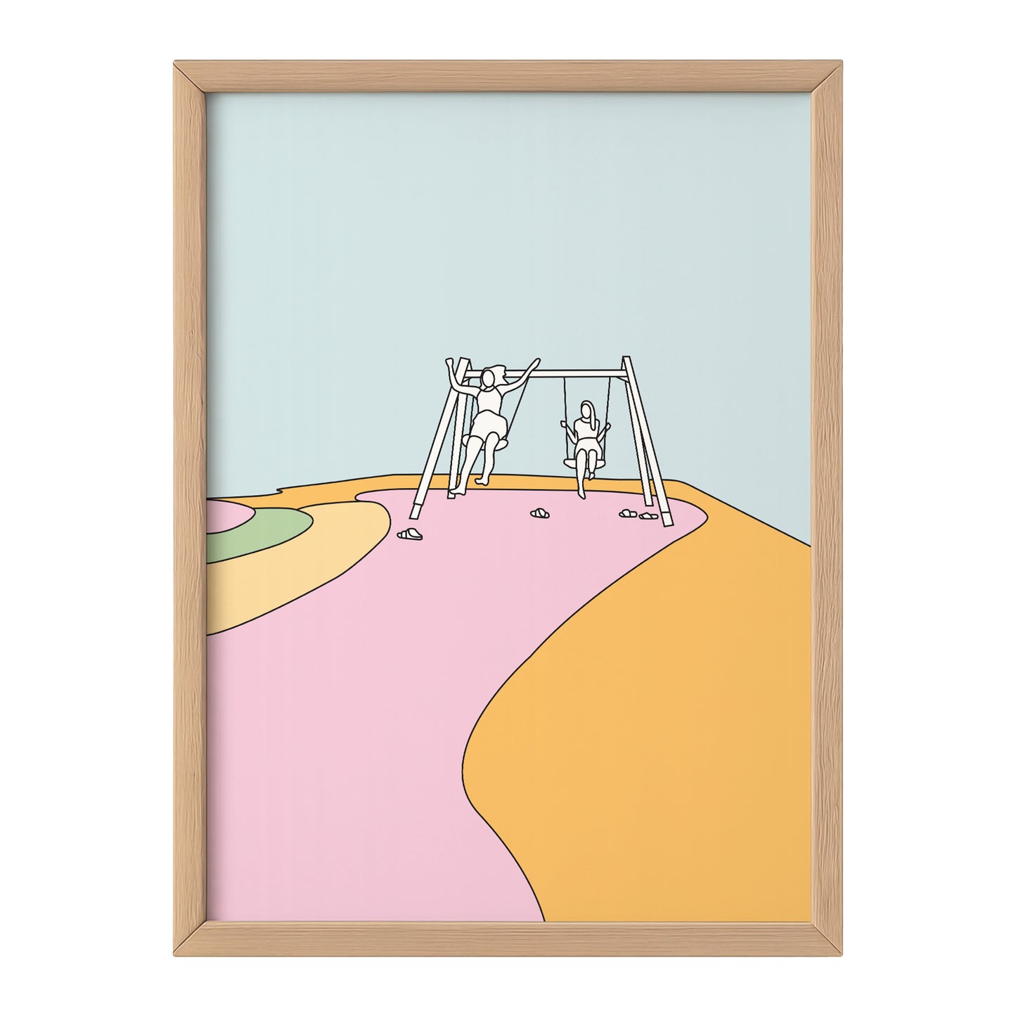 Sisters on Swings Line Art Print – Minimalist Joyful Wall Art (Original Hand-Drawn Line Art) by MathildeJDesigns