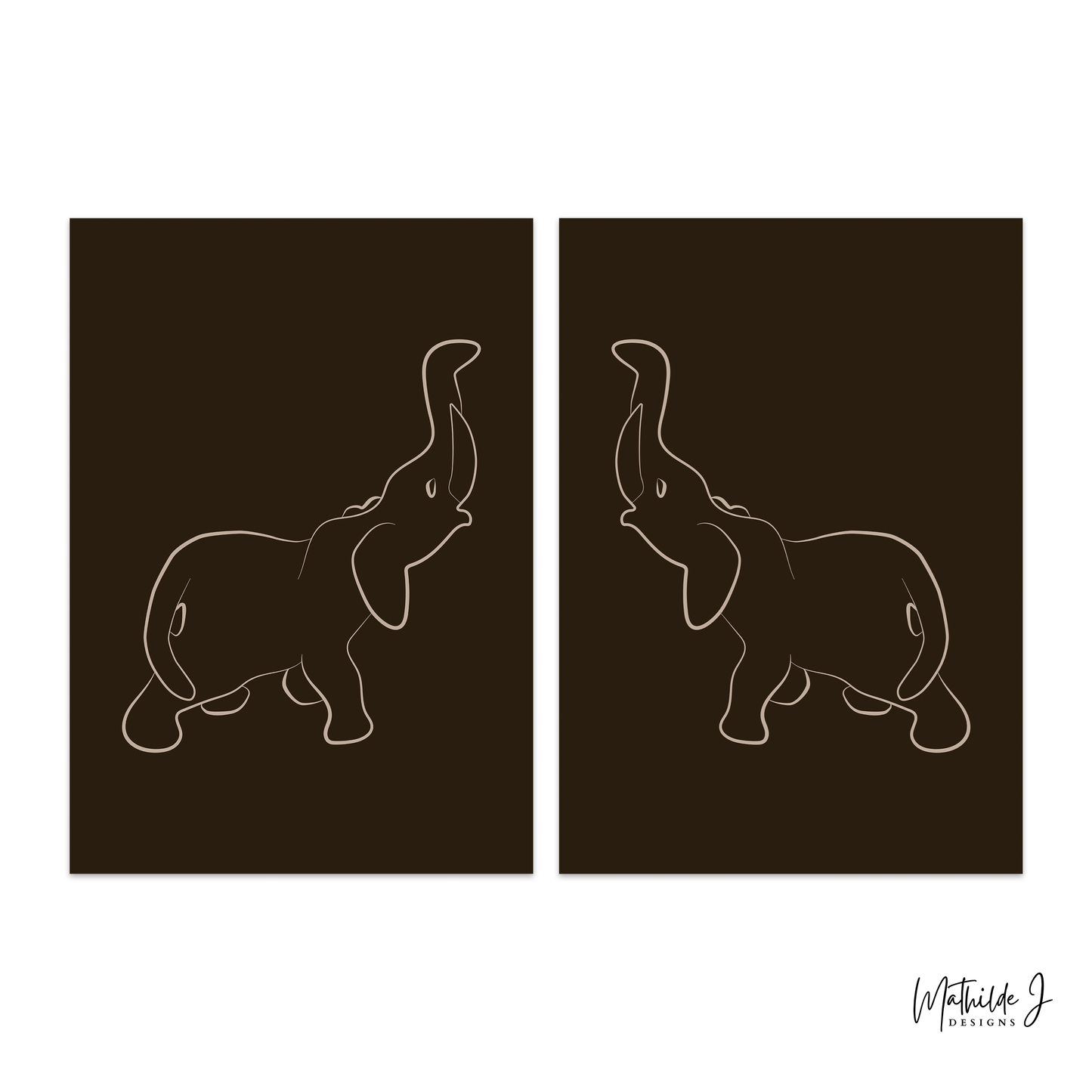 Elephant Line Art Print Set – Minimalist Earth Tone Wall Art (Digital Download)