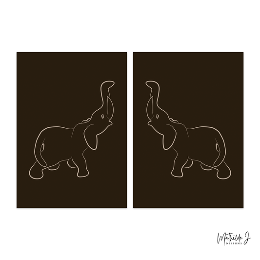 Elephant Line Art Print Set – Minimalist Earth Tone Wall Art (Digital Download)